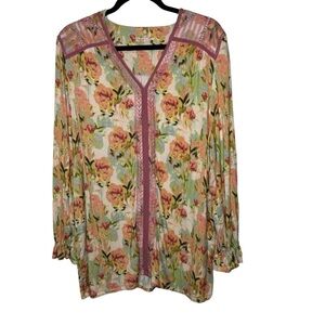 Soft Surroundings Essex Blouse Watercolor Floral Long Sleeve 1X